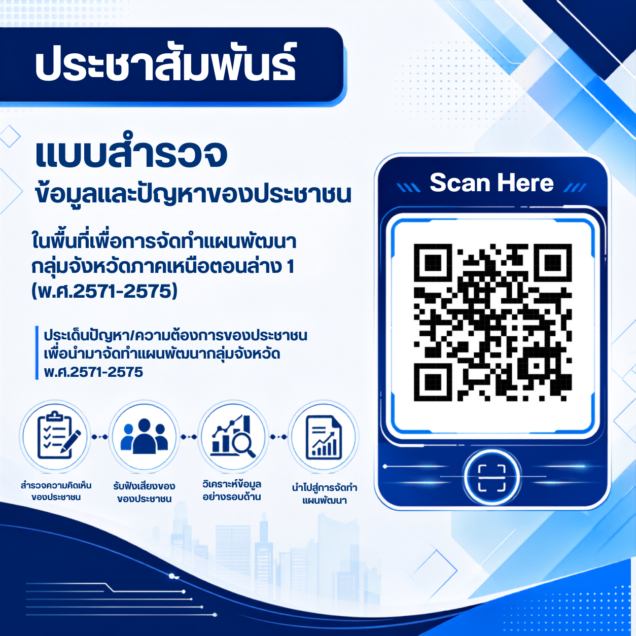 ประชาสัมพันธ์ แบบสำวจข้อมูลและปัญหาของประชาชนในพื้นที่เพื่อการจัดทำแผนพัฒนากลุ่มจังหวัดภาคเหนือตอนล่าง 1 (พ.ศ.2571-2575)